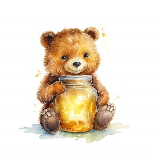 Акварельный рисунок милого медведя, держащего банку с каменной кладкой