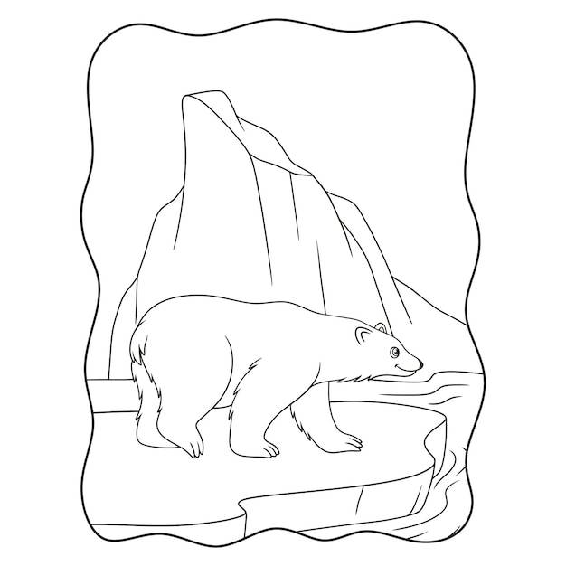 Мультфильм иллюстрация белый медведь ходит по кубикам льда посреди моря в поисках рыбы для книги о еде или страницы для детей черно-белые
