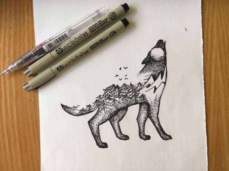 Рисунок черной ручкой волк
