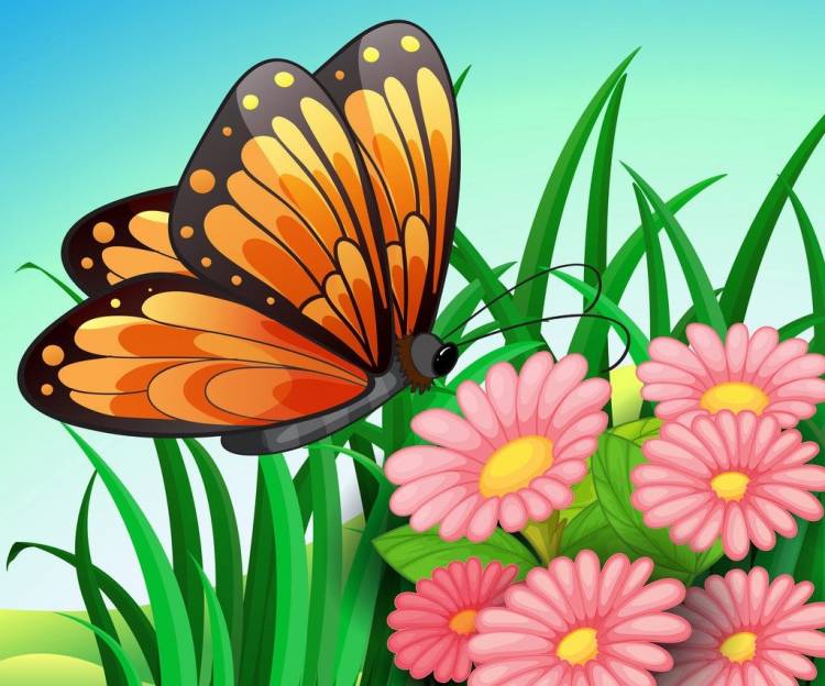 Детский рисунок бабочки и цветы