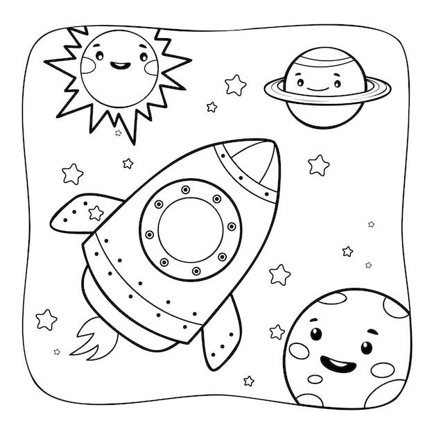 Космическая ракета черно-белая книжка-раскраска или страница раскраски для детей природа фон