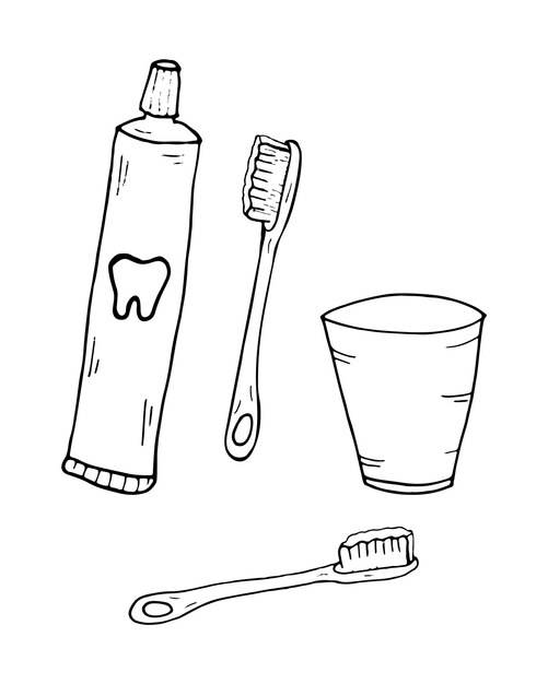 Раскраска страницы зубные щетки зубная паста для полоскания рта контур векторной иллюстрации в стиле каракулей