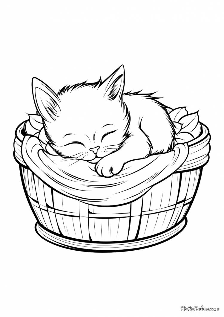 Раскраска Милый котёнок спит в корзинке распечатать или скачать