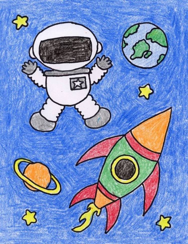 Детский рисунок космос с ракетой