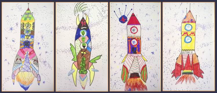 ракета, космический корабль, день космонавтики, графика, рисунок, картина, дети фломастеры