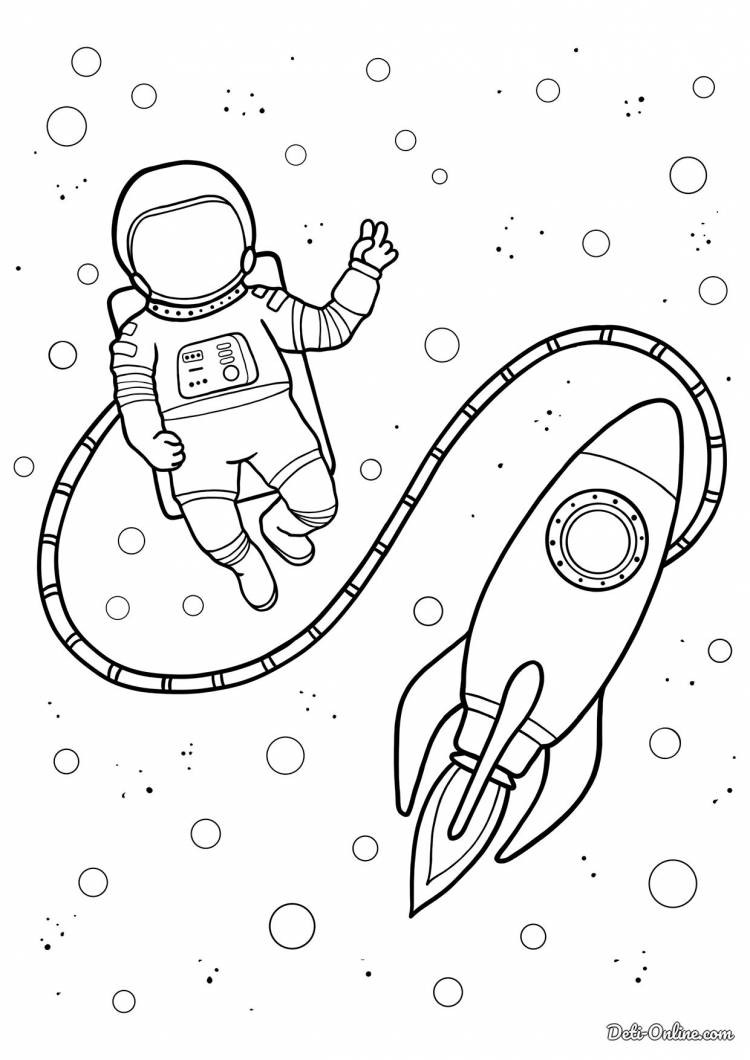 Раскраска Космонавт вышел из ракеты в открытый космос распечатать или скачать