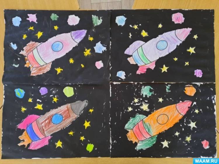 Мастер-класс по рисованию цветными карандашами и гуашью «Ракета в космосе» с детьми средней группы 