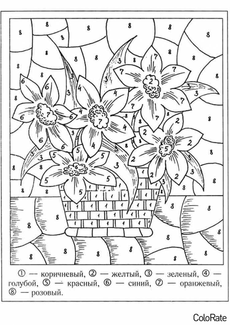 Раскраска Горшочек с цветами по номерам распечатать