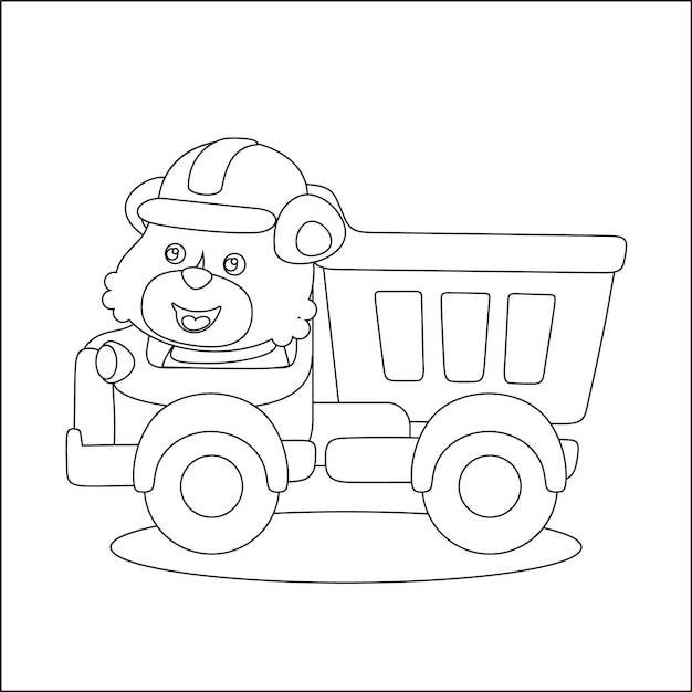 Раскраска строительной техники или страница с милым маленьким водителем-животным