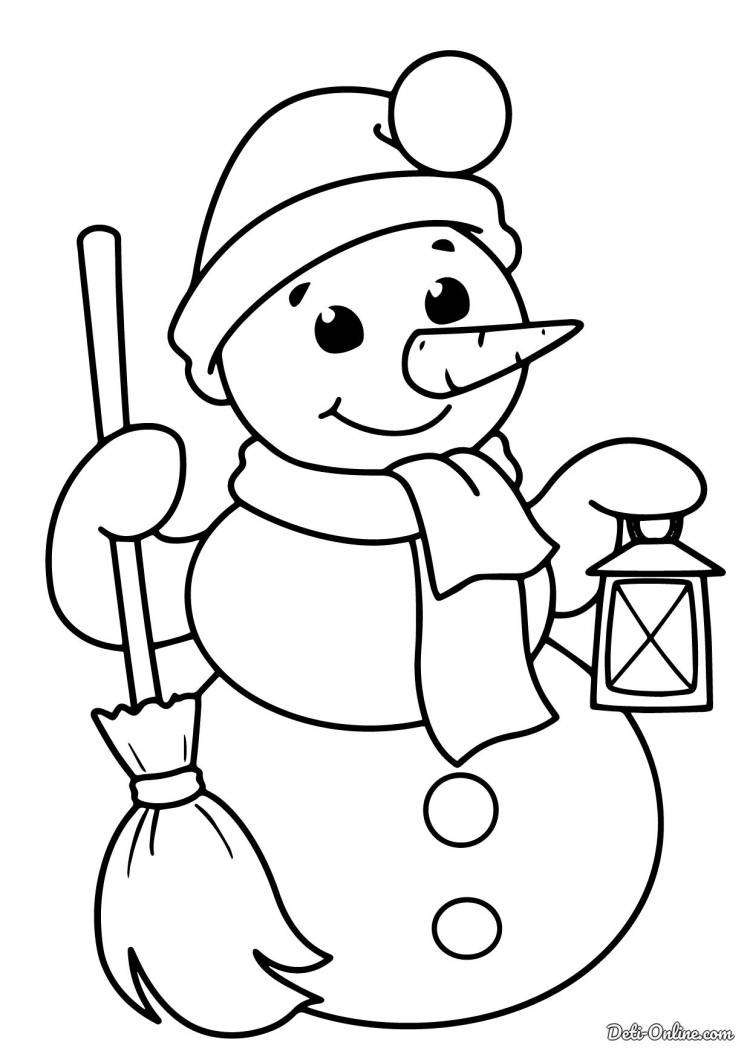 Раскраска Снеговик с метлой и фонариком распечатать или скачать