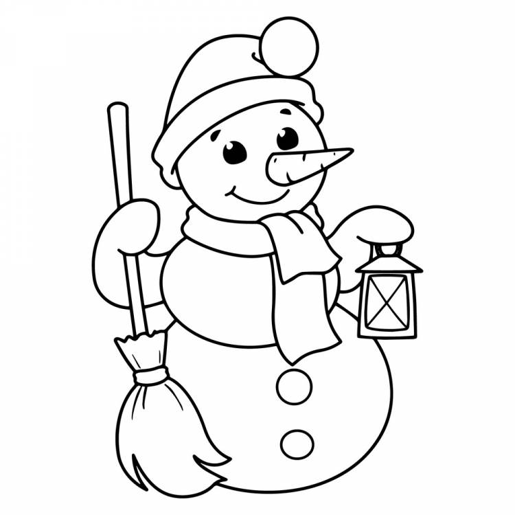 Раскраска Снеговик с метлой и фонариком распечатать или скачать