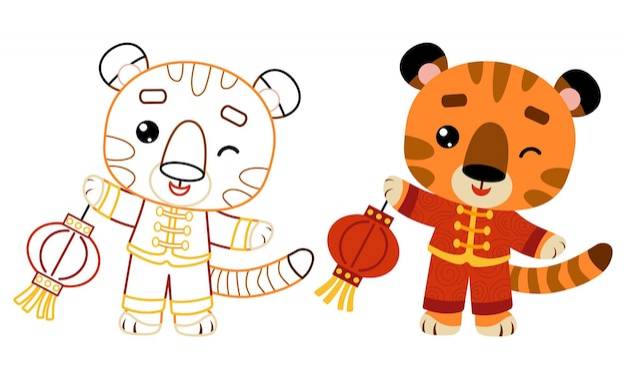 Книжка-раскраска для детей, тигр и китайский фонарик