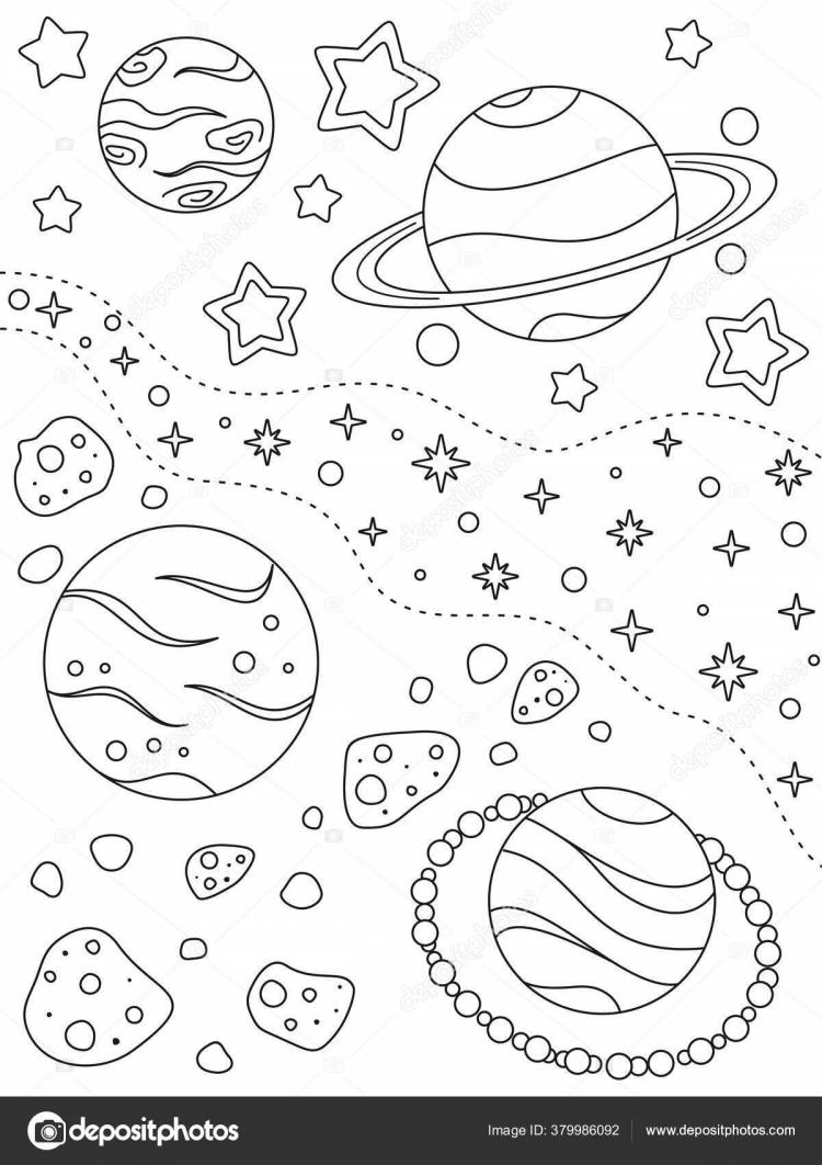 Страница Раскраски Различными Планетами Астероидами Туманностями Звездами Черными Элементами Белом Векторное изображение ©mystica