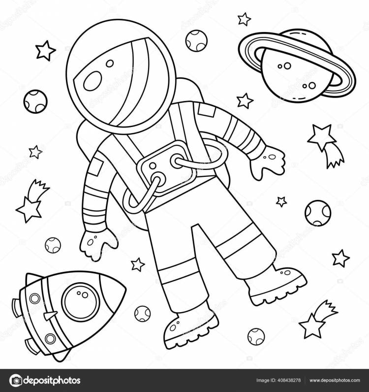 Раскрашивание Контура Мультяшной Ракеты Космонавтом Космосе Раскраска Детей Векторное изображение ©Oleon