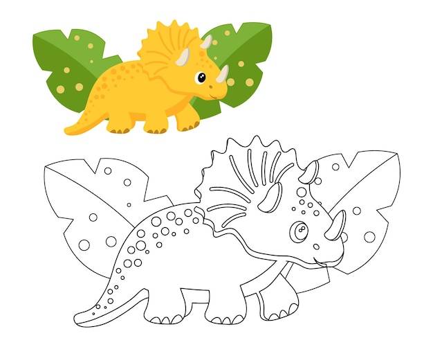 Милый желтый динозавр и тропические листья иллюстрация и эскиз для раскраски дизайн для детей