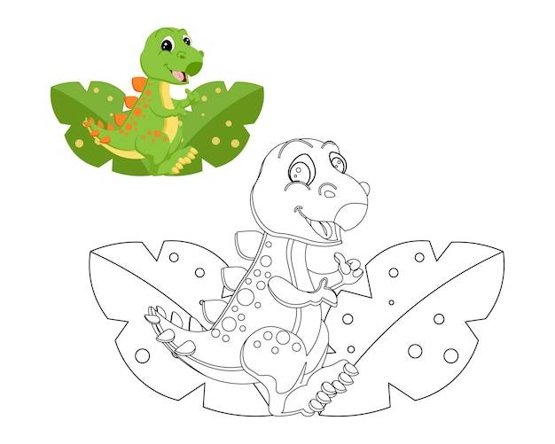 Милый зеленый динозавр и тропические листья иллюстрация и эскиз для раскраски дизайн для детей