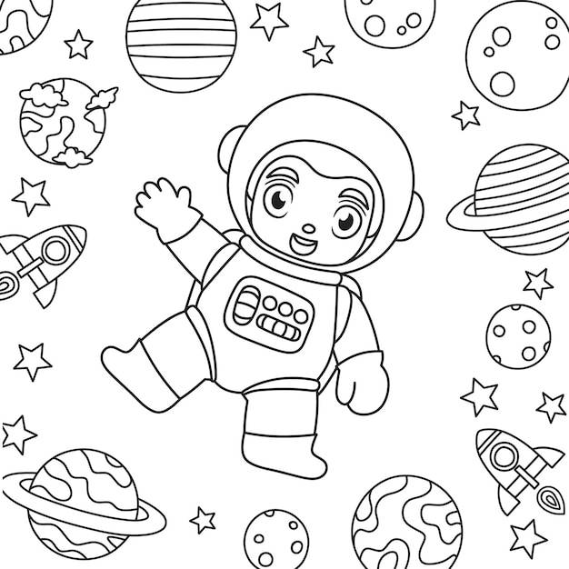 Книжка-раскраска для детей, космонавт приветствует из космоса планету-ракету и звезды