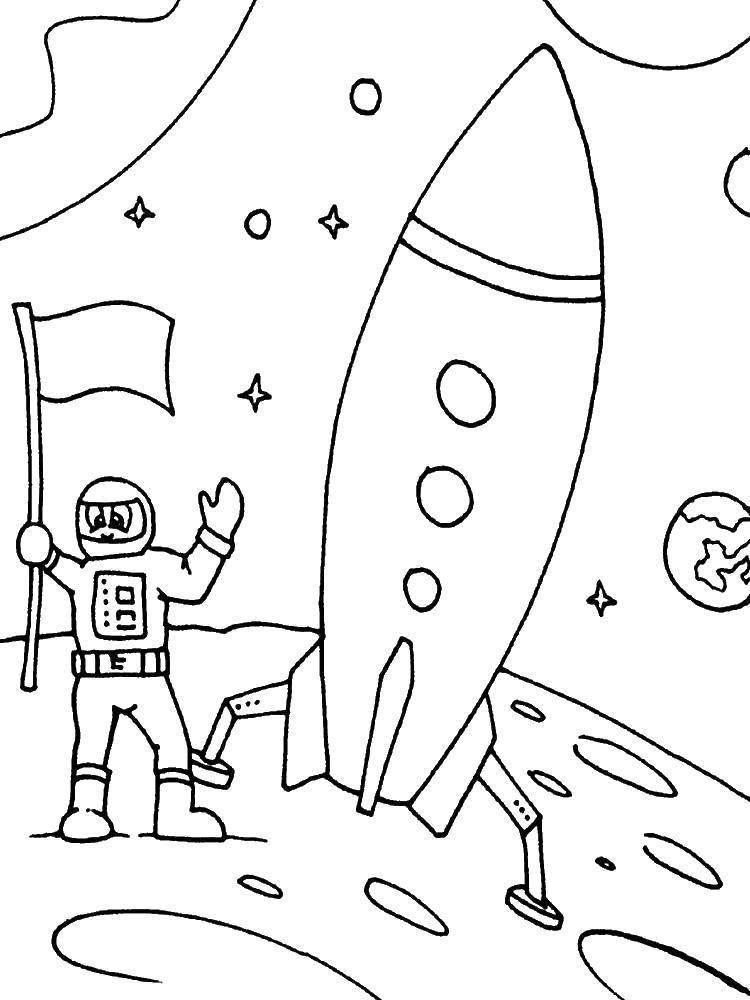 Раскраски Раскраска Ракета и космонавт на луне День космонавтики, скачать распечатать раскраски