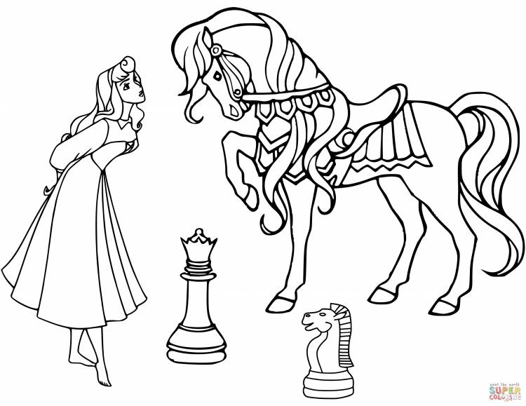 Раскраска Девушка, конь и шахматные фигуры