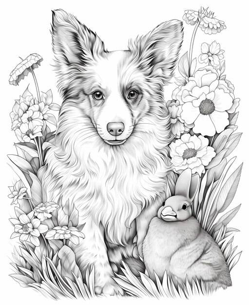 Раскраска австралийская овчарка и белый кролик