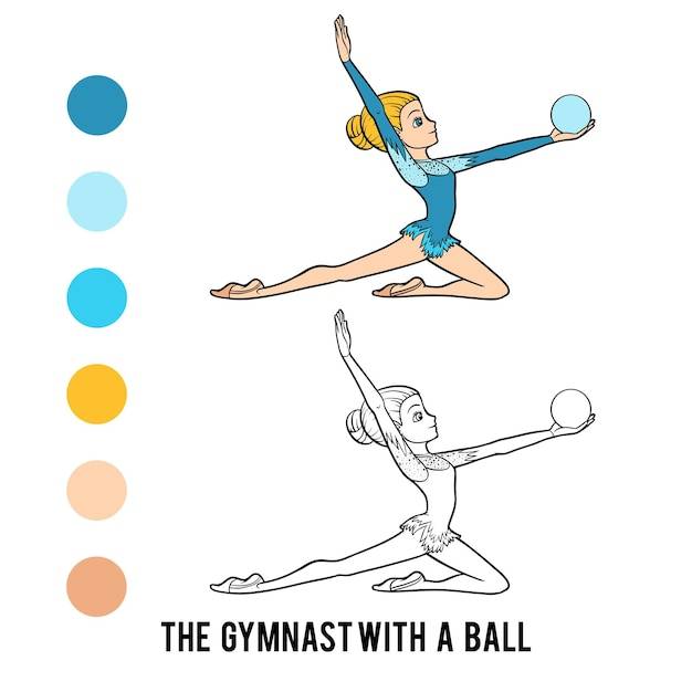 Книжка-раскраска для детей, гимнастка с мячом