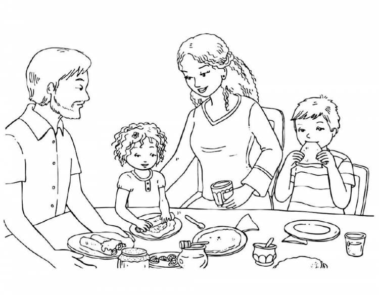 Рисунок раскраска семья за столом 