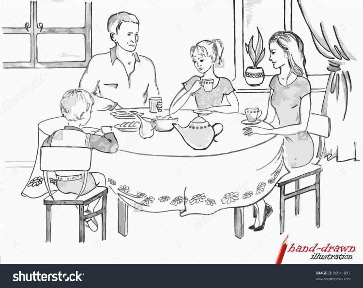 Раскраска семья за столом