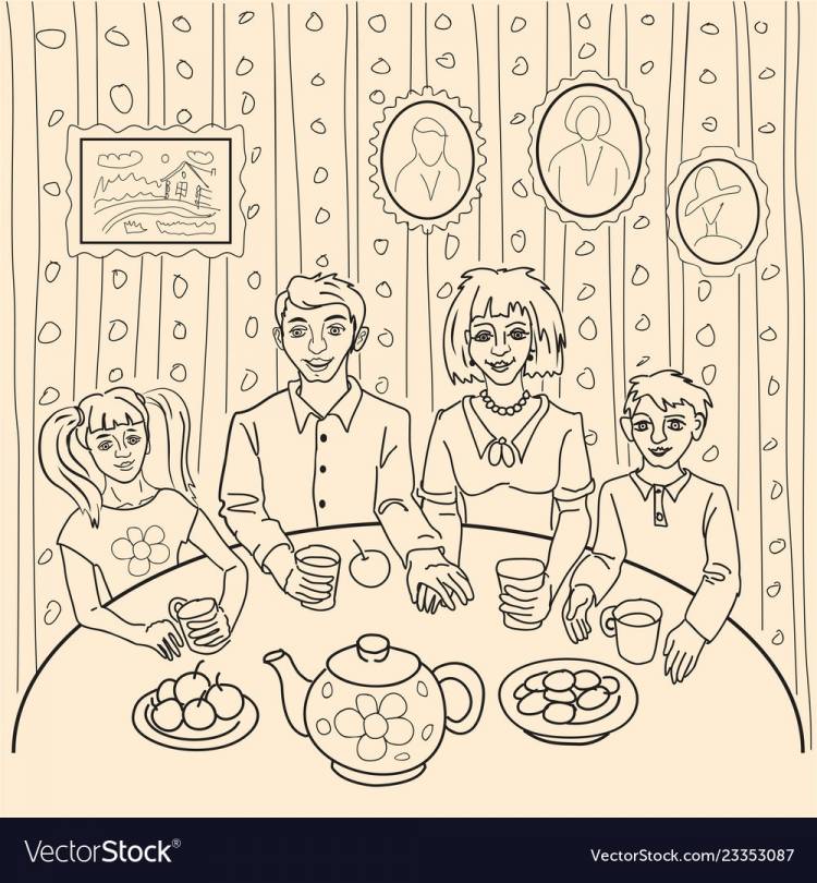 Семья за столом рисунок