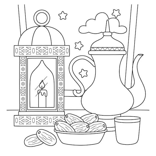 Раскраска фонарь для рамадана чай и финики