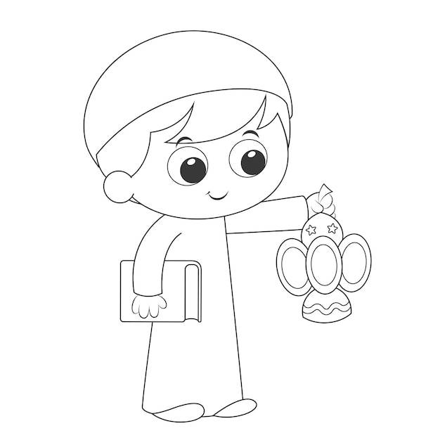 Мальчик, несущий рамадан фонарь, раскраски страницы для детей мультфильм векторные иллюстрации