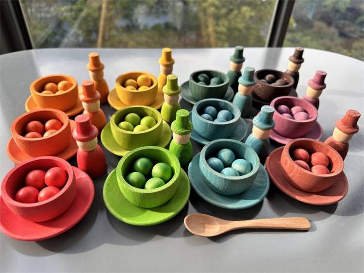 Сенсорные деревянные игрушки Монтессори, радужная пастель, миски для сортировки, посуда с шариками, желуди для игр детей