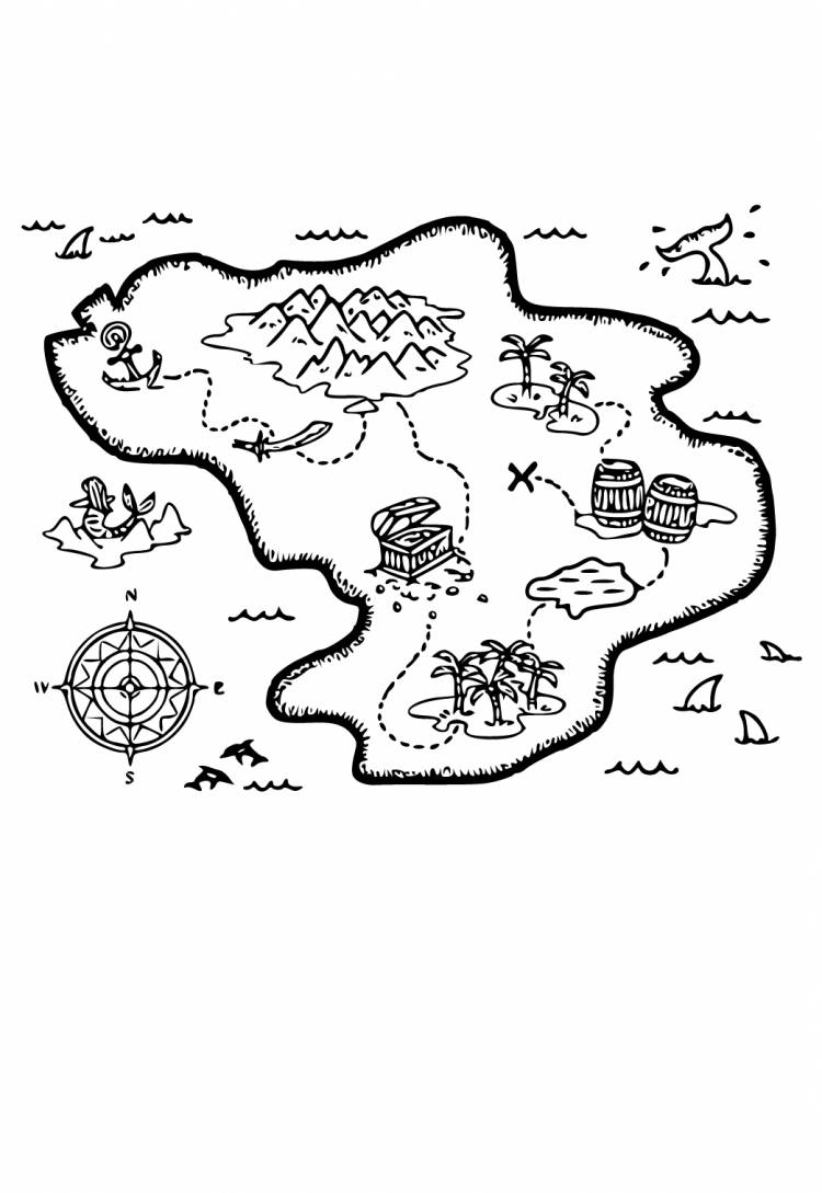 Раскраска Карта Сокровищ Остров Распечатать Бесплатно для Взрослых и Детей