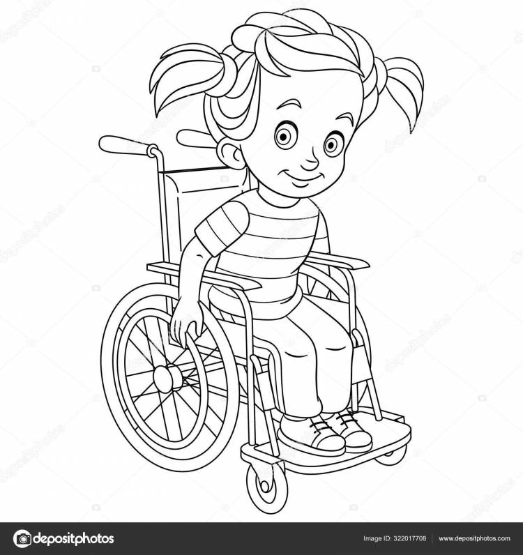 Страница раскраски с девушкой-инвалидом на инвалидной коляске Векторное изображение ©Sybirko