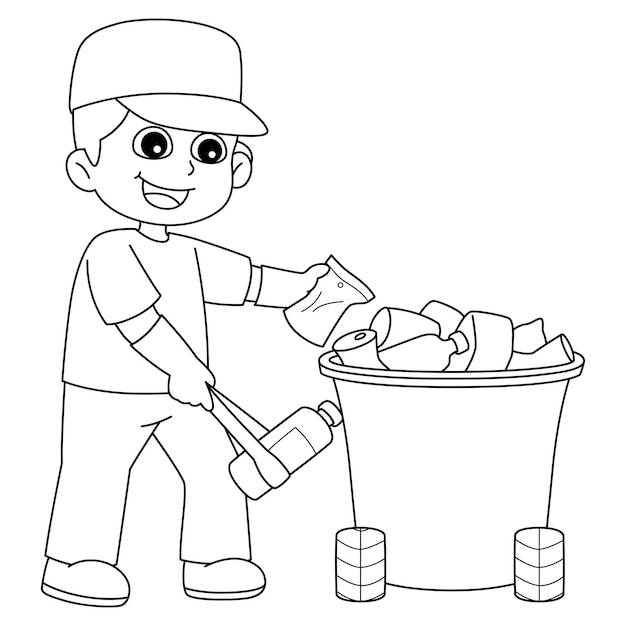 Мальчик собирает мусор изолированная страница раскраски