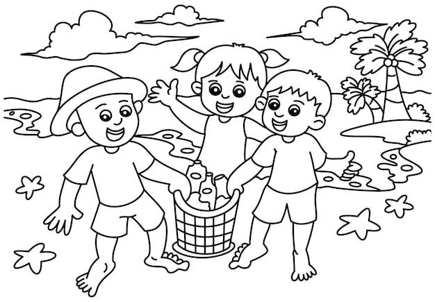 Дети собирают мусор в море раскраски для детей вектор