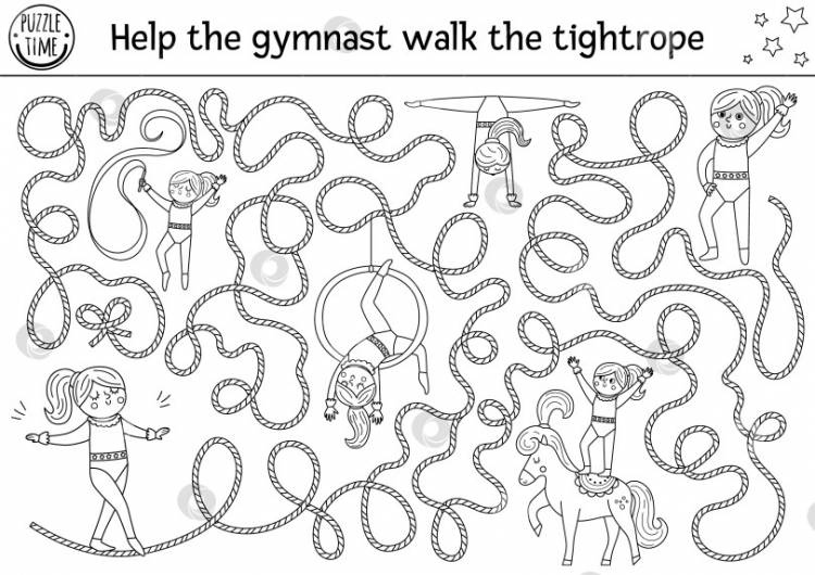 Цирковой черно-белый лабиринт для детей с гимнастом, идущим по канату