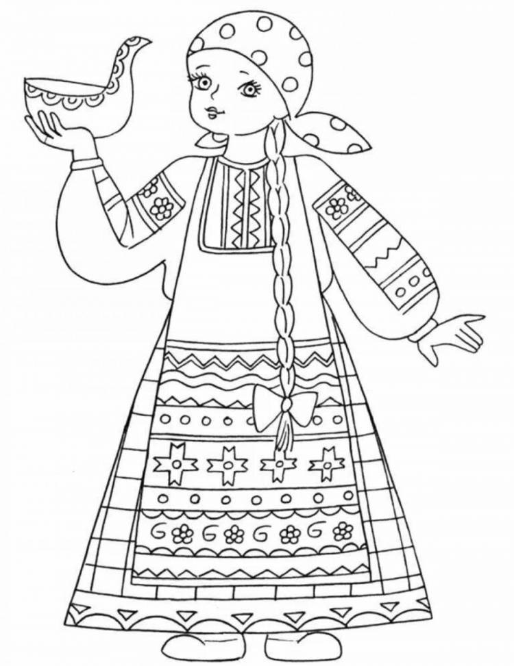 Раскраски Русский народный костюм для детей 