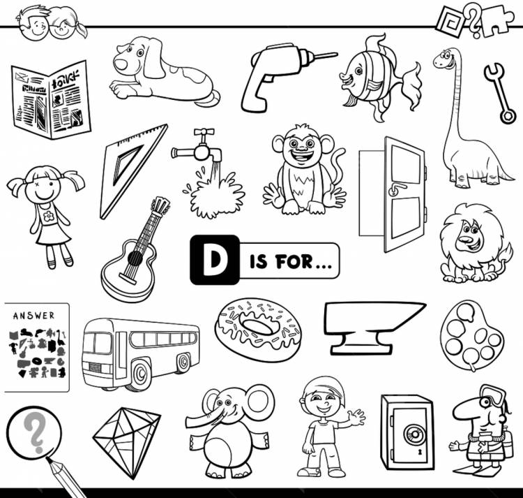 черно белая мультяшная иллюстрация поиска изображения начинающегося с буквы D образовательного задания для детей книжка раскраска PNG , первый, применение, ответ PNG картинки и пнг рисунок для бесплатной загрузки