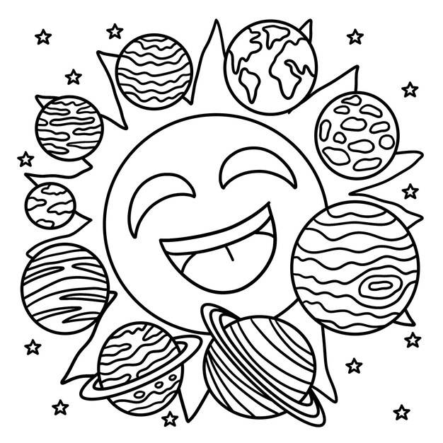 Счастливое солнце и солнечная система раскраски для детей