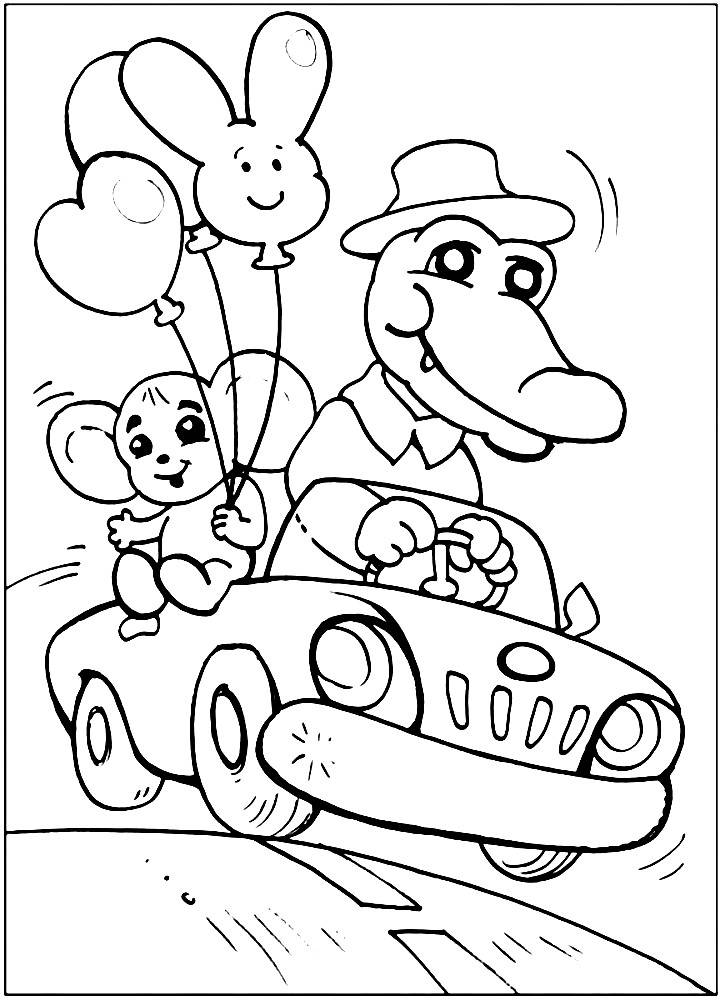 Раскраски для детей и взрослых хорошего качестваРаскраска Гена и Чебурашка едут в машине