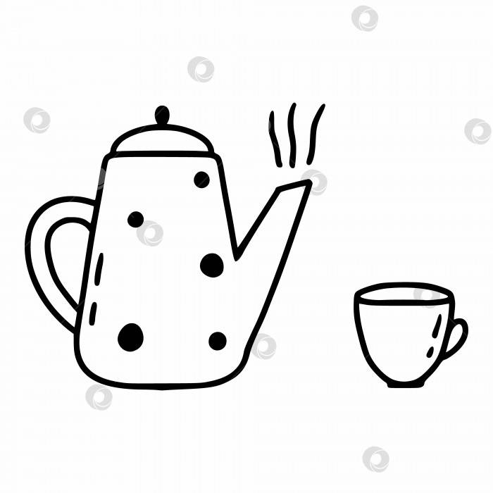 Симпатичный чайник и чашка в стиле каракулей