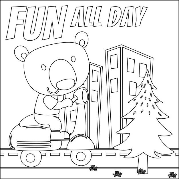 Милый маленький медвежонок катается на скутере, забавный мультфильм о животных, векторная иллюстрация