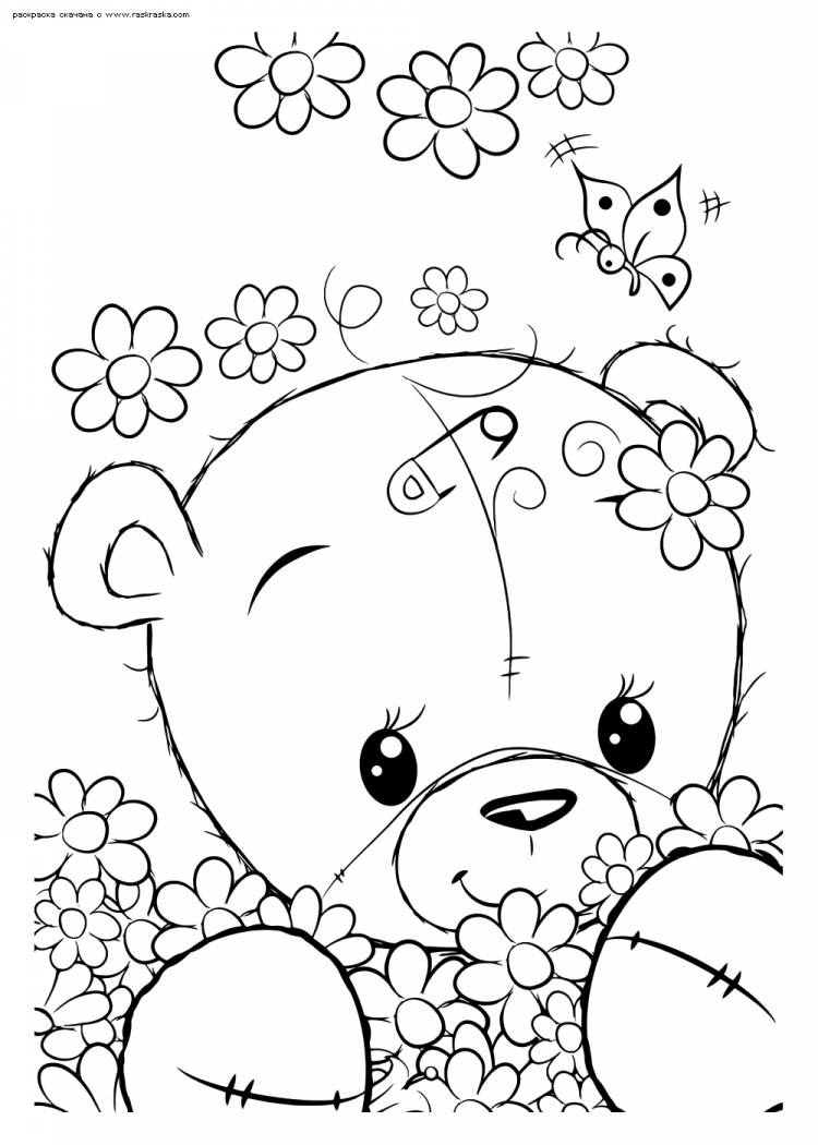 Раскраска Медвежонок с ромашками