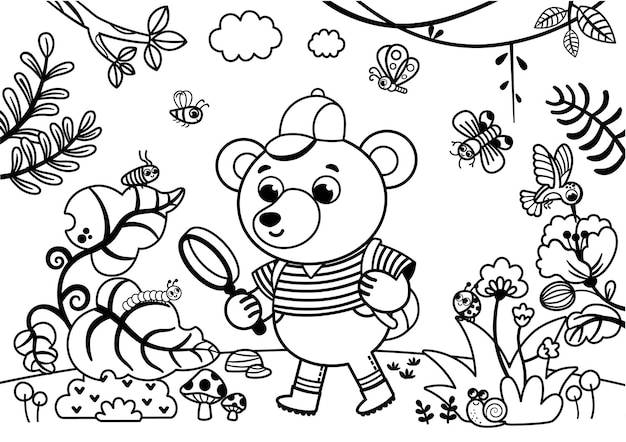 Страница раскраски для детей милый медвежонок, смотрящий через увеличительное стекло на гусеницу