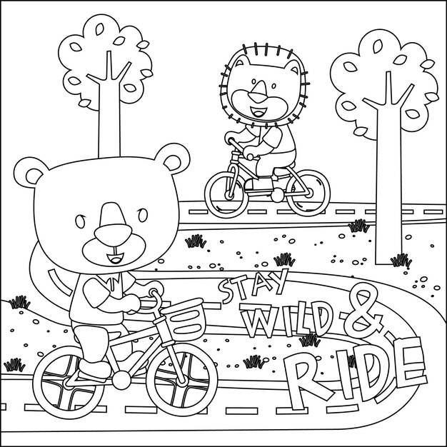 Милый медвежонок катается на велосипеде модная детская графическая книжка- раскраска