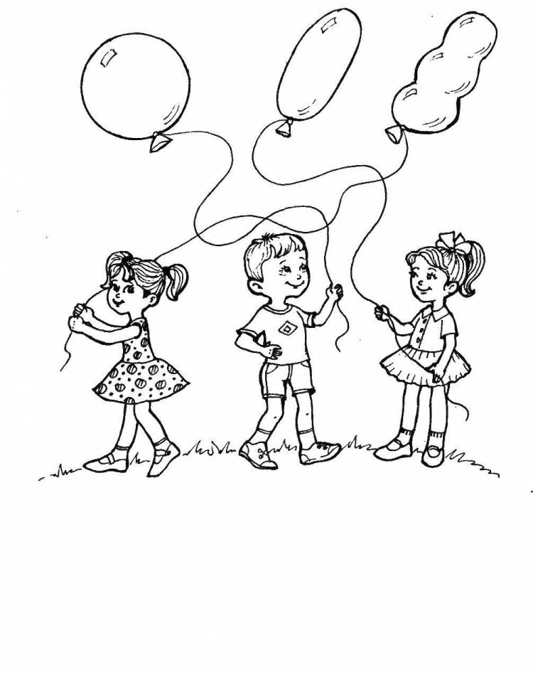 Раскраски Раскраска Дети играют с воздушными шариками на поляне дети, скачать распечатать раскраски
