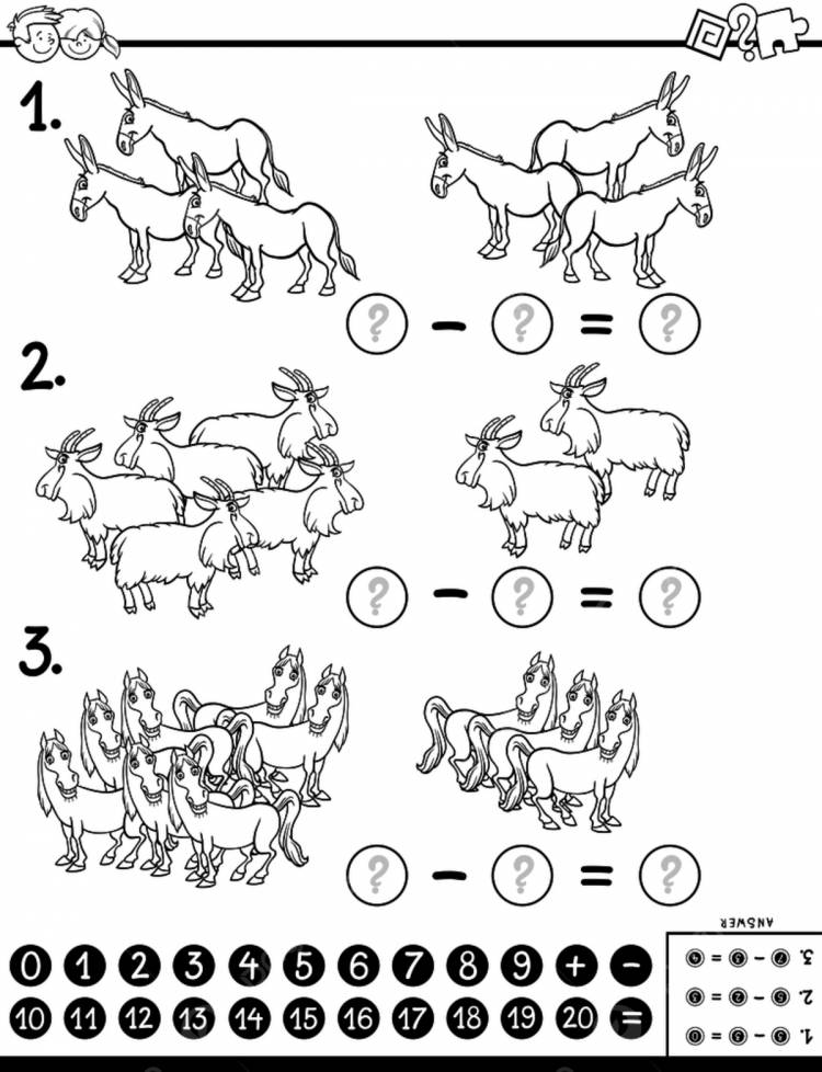 черно белая мультяшная иллюстрация образовательной математической задачи головоломки на вычитание для детей с раскраской животных PNG , число, персонажи, а также PNG картинки и пнг рисунок для бесплатной загрузки