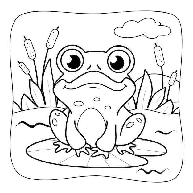 Лягушка черно-белая книжка-раскраска или страница раскраски для детей природа фон