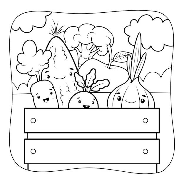 Овощи черно-белая книжка-раскраска или страница раскраски для детей природа фон