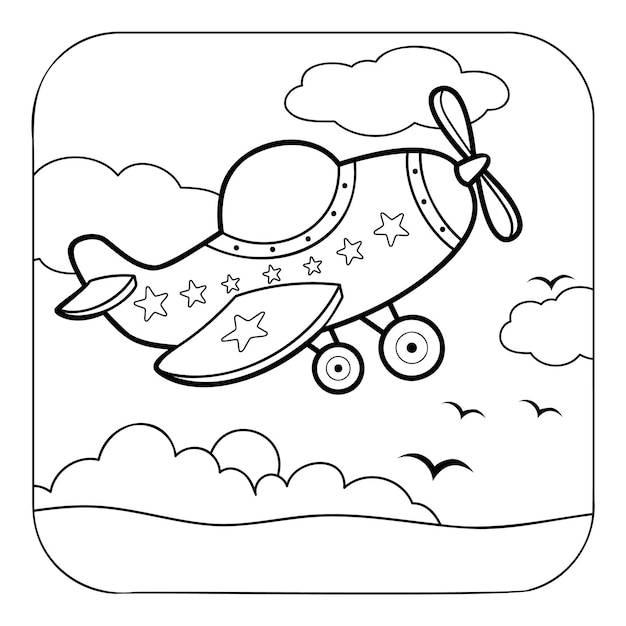 Самолет черно-белая книжка-раскраска или страница раскраски для детей природа фон